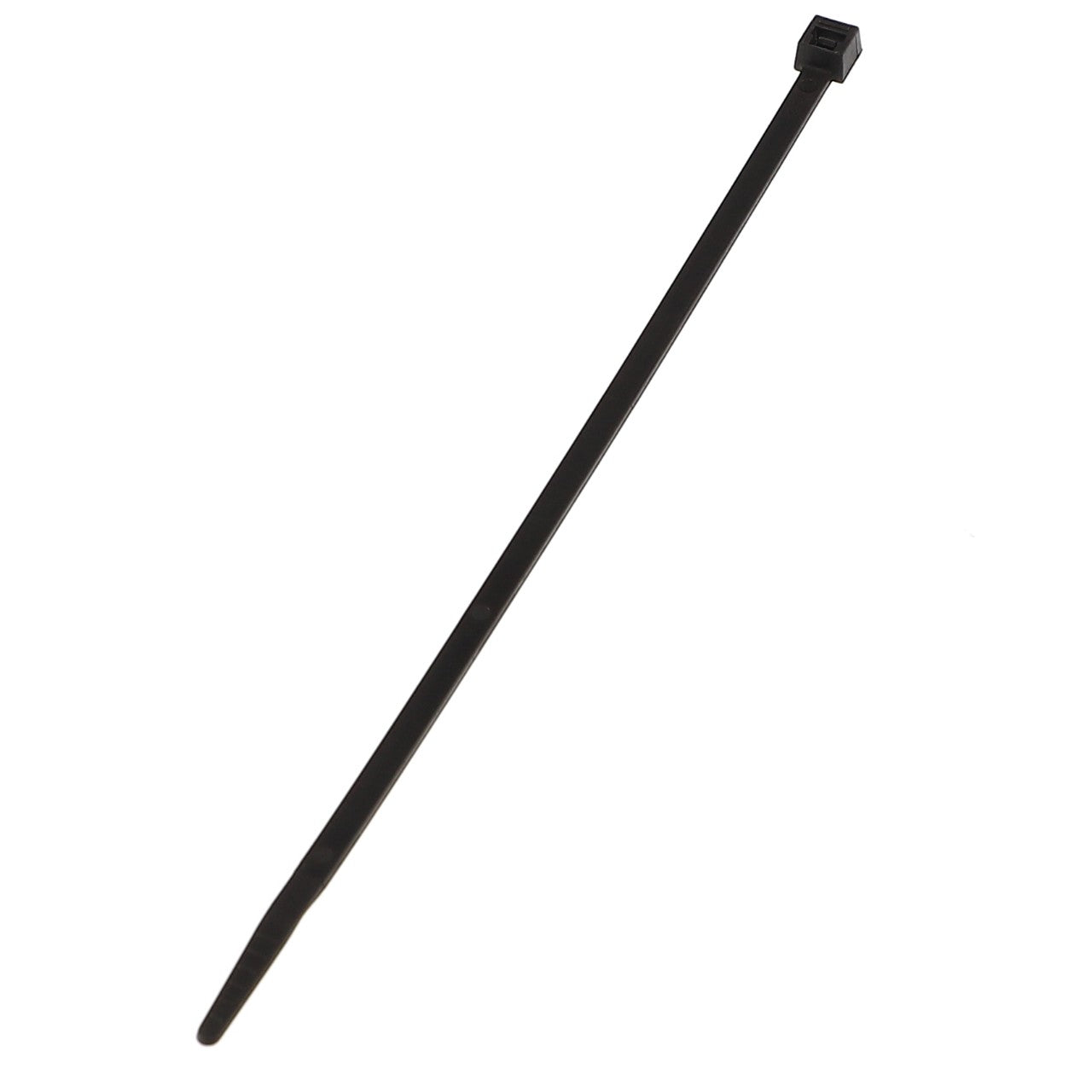 The AGCO CABLE TIE - AL11902159, crafted from durable black plastic, features a rectangular locking head and a tapered end for secure fastening.