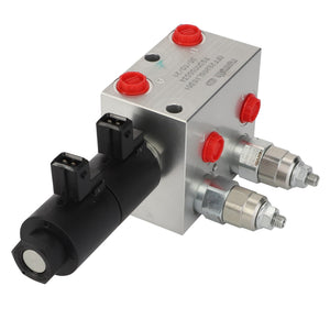 The AGCO Control Valve - Acw7459040 by AGCO is a hydraulic valve assembly featuring two solenoid connectors, three adjustment knobs, and two connected fittings. No current product description information is available.