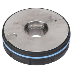 The AGCO | Cylinder Piston - Sn16847 is a sleek metallic circular machine part featuring a central hole, complemented by a durable rubber side seal.