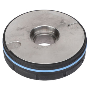 The AGCO | Cylinder Piston - Sn16847 is a sleek metallic circular machine part featuring a central hole, complemented by a durable rubber side seal.