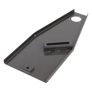 The AGCO BRACKET - D28585124 is a gray metal bracket with a rectangular slot and multiple welded sections. It features an angular shape and includes a round hole at one end. Further product description information is currently unavailable beyond this summary.