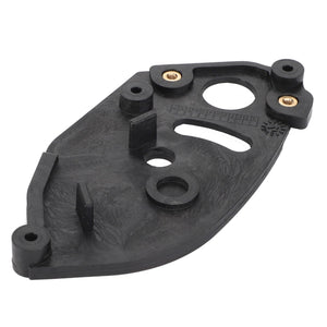 The AGCO Counterplate - 4279928M1 features a black plastic construction with multiple holes, raised areas, and embedded brass fittings on a flat, uniquely irregularly shaped base.