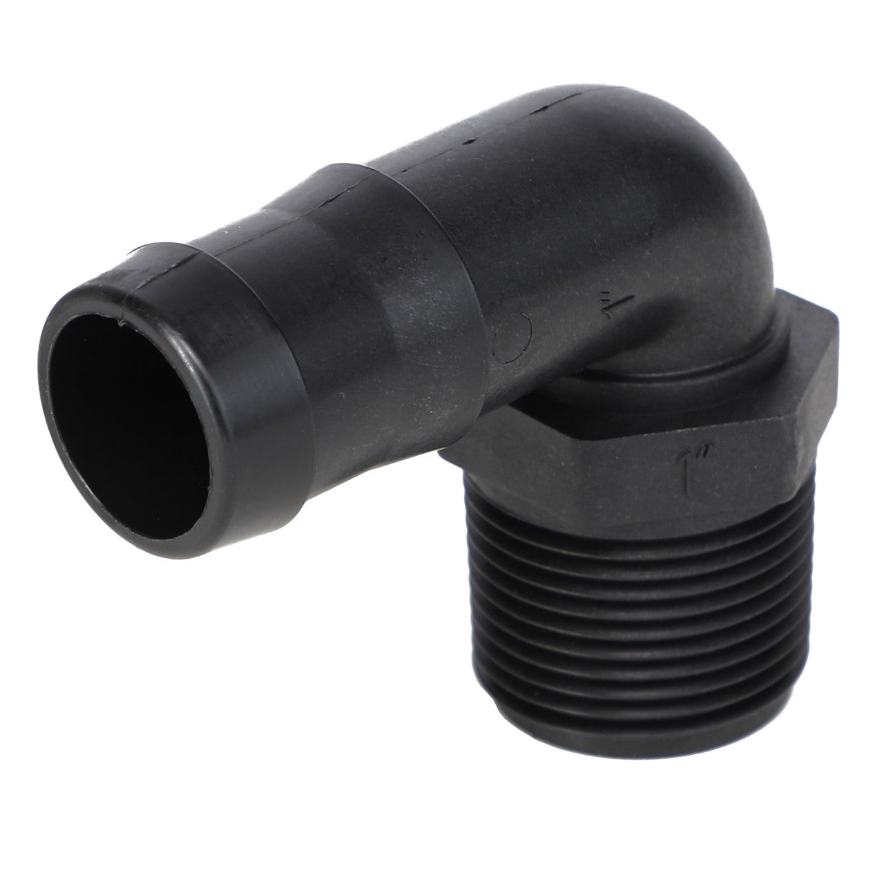 The AGCO Elbow Fitting - Ag051145 is a black plastic elbow pipe fitting featuring a male thread on one end and a smooth connector on the other. There is no current product description available for this item.