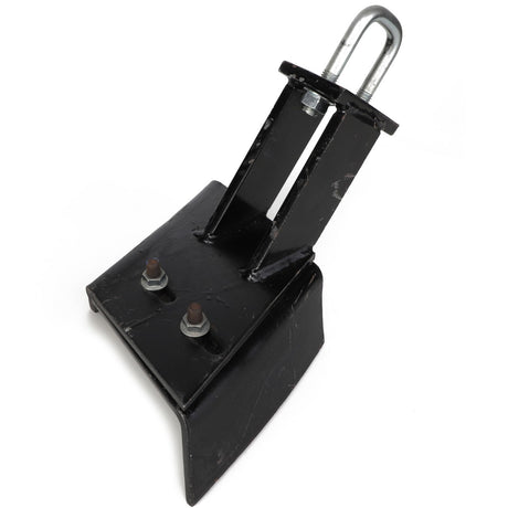 Product Description: The AGCO Scraper, Right Hand - Acp0016810 features a black metal bracket equipped with two bolts and a U-shaped clamp on top.