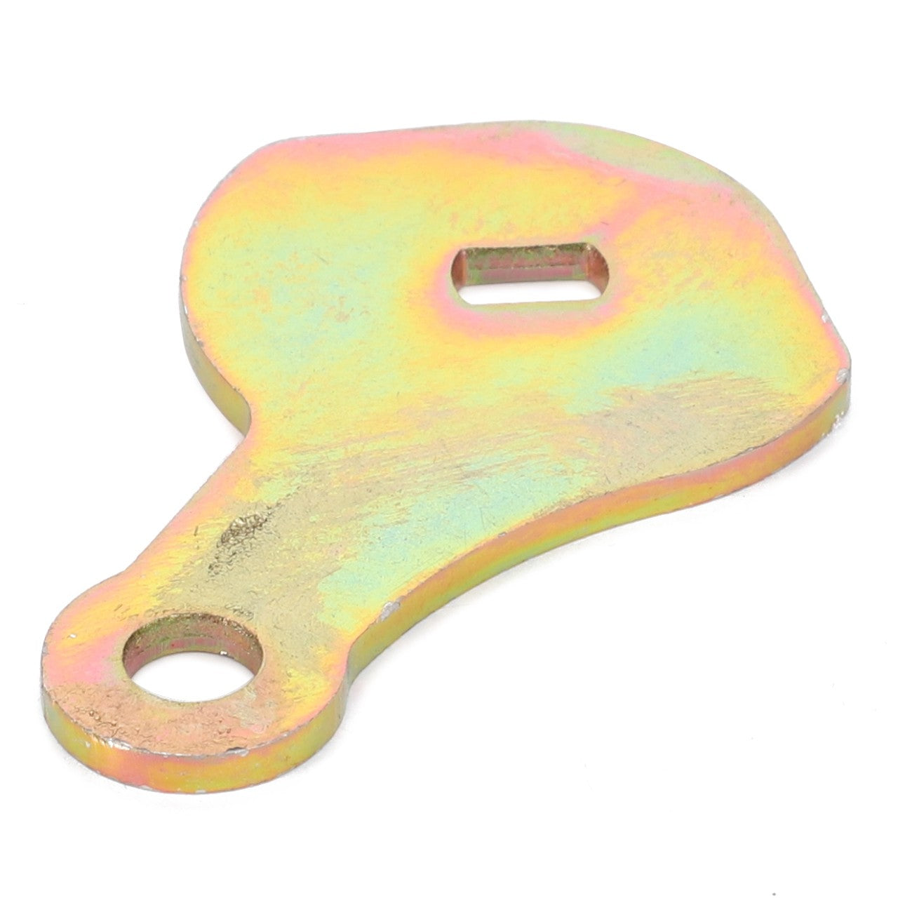 Close-up of the AGCO Lever for EGR (F731200100170), a metallic object with an irregular shape, featuring a large hole at one end and a rectangular slot near the middle. The reflective, multicolored surface captures attention, though no current product description information is available.