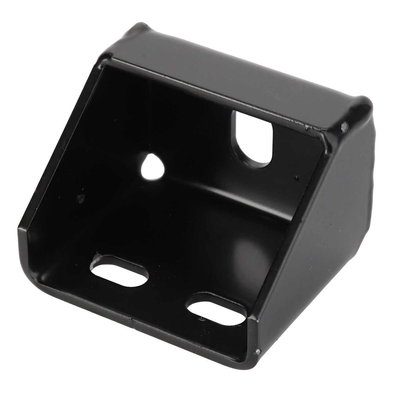 The AGCO Bracket - D28980916 is a black metal bracket featuring three rectangular mounting holes and one circular hole, designed for supporting or fastening objects. No additional product description information is currently available.