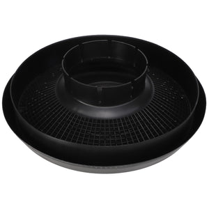 The AGCO | CAP - AG512672, a black circular plastic part from AGCO, features a central raised cylindrical section atop a grid-like base, designed for optimal functionality.