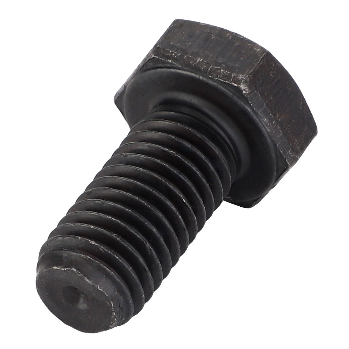 A black AGCO Hex Cap Screw - Va020917 lying on a white surface, showcasing its threaded shaft and hexagonal head.