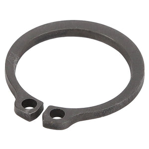 The AGCO | Circlip - Acp0497900, a black snap ring with two eyelets, is used for securing assemblies on a shaft or in a bore. No current product description available.