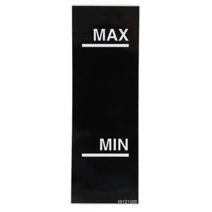 A black AGCO DECAL - D49121500 panel with 'MAX' labeled at the top and 'MIN' labeled at the bottom, indicating maximum and minimum levels. It features white text on a black background, with no further information available.