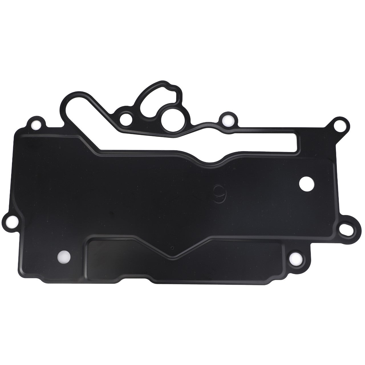 The AGCO Seal - F842201510210 is a black plastic automotive component designed with mounting holes and openings for various fittings, featuring a gasket design for sealing purposes, and is compatible with Valtra models.