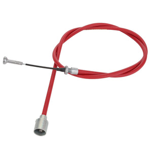 The AGCO | CABLE - D46745608 is a durable choke cable in red, featuring metal fittings on both ends, perfect for vehicle or machinery applications.