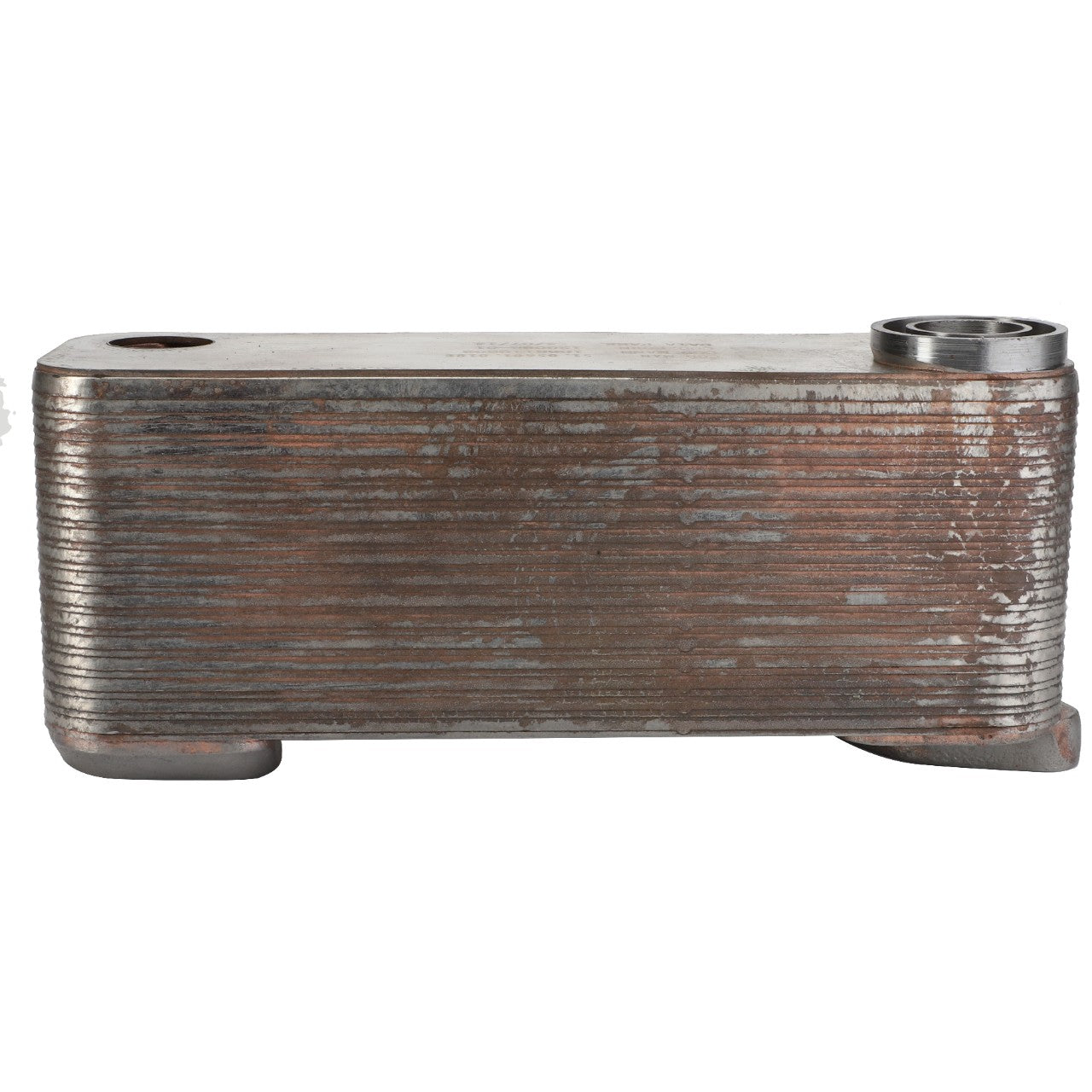 Close-up view of the AGCO Oil Cooler - Acp0358310, a rectangular, ribbed metal heat exchanger featuring two precision-engineered openings on top for fluid connections.