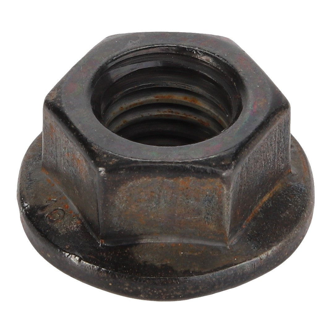 A worn AGCO hex flange nut, model Acx3047670, featuring internal threading and notable signs of wear.