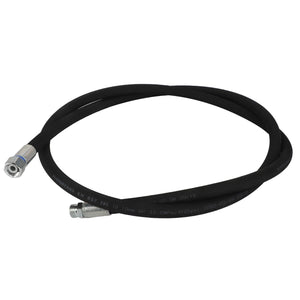 The AGCO Hydr. Hose - Acw3679000, a black hydraulic hose with metal fittings on both ends and coiled in a circular shape against a white background, delivers efficiency with no signs of leakage.