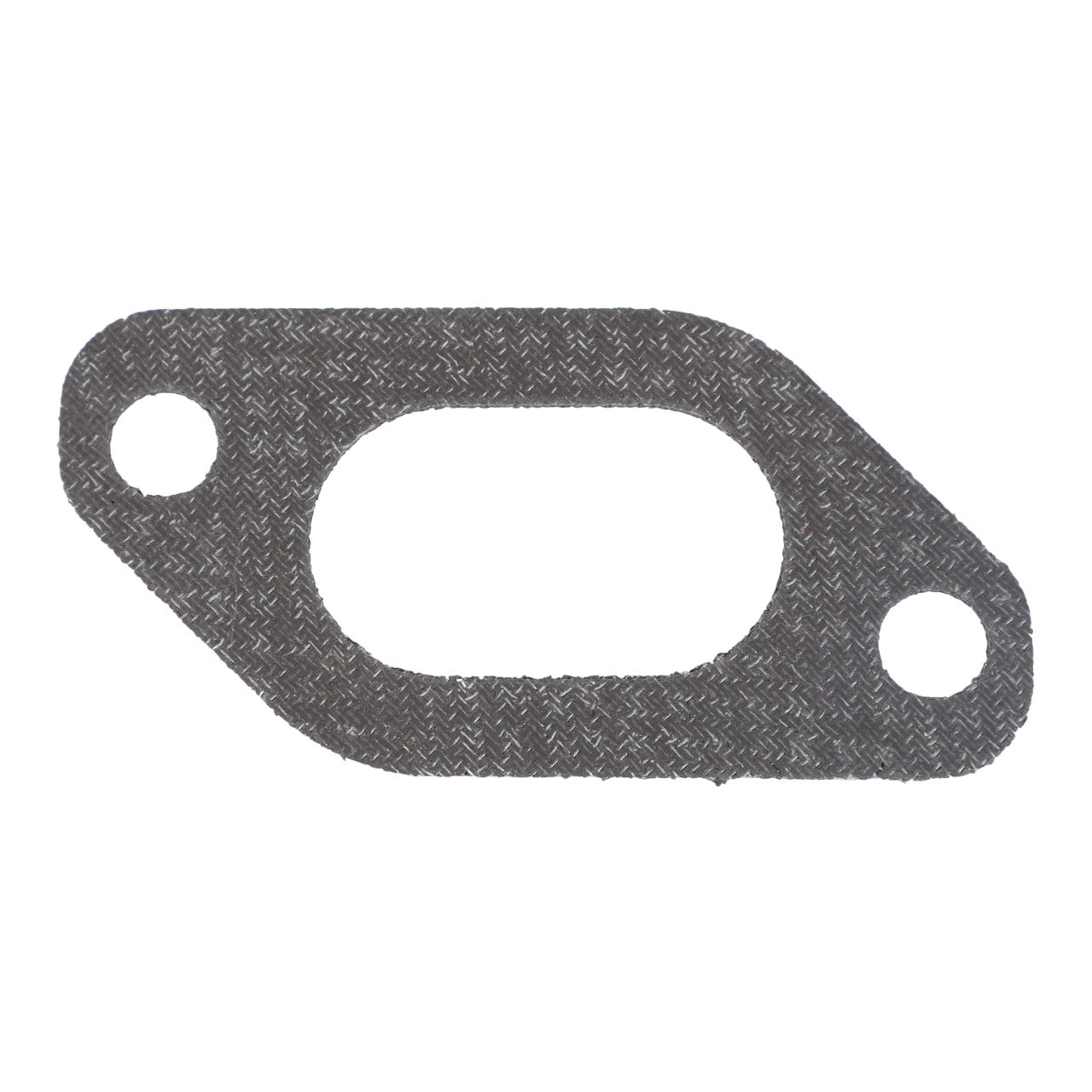 The AGCO Exhaust Manifold Gasket - V836122886 is a flat, rectangular gasket featuring a central oval opening and two circular holes on either end.