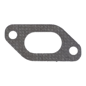 The AGCO Exhaust Manifold Gasket - V836122886 is a flat, rectangular gasket featuring a central oval opening and two circular holes on either end.