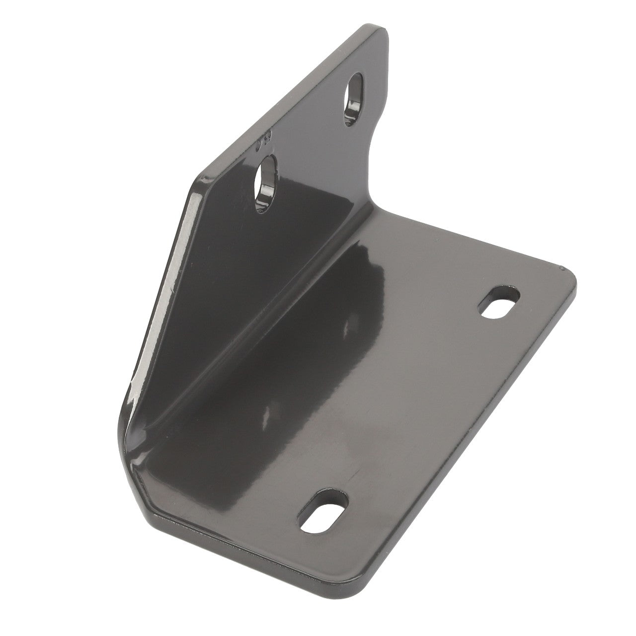 The AGCO Spacer - Acw1907450 is a metal bracket that features a right-angle design with four mounting holes—two circular on one side and two elongated on the adjoining side.