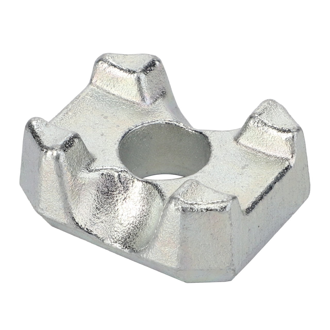 AGCO's Driving Flange - Lm03023813 is a metallic, T-shaped nut with four protruding corners and a central hole, designed for securing components in mechanical assemblies, commonly found in Fendt and Massey Ferguson machinery.