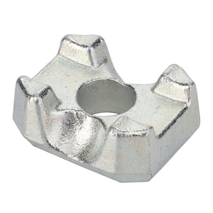 AGCO's Driving Flange - Lm03023813 is a metallic, T-shaped nut with four protruding corners and a central hole, designed for securing components in mechanical assemblies, commonly found in Fendt and Massey Ferguson machinery.