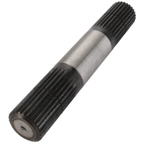 The AGCO Shaft - Acw1038010 is a cylindrical metal shaft designed with gear-like ridges on both ends and a smooth central section, although there is no current product description information available.