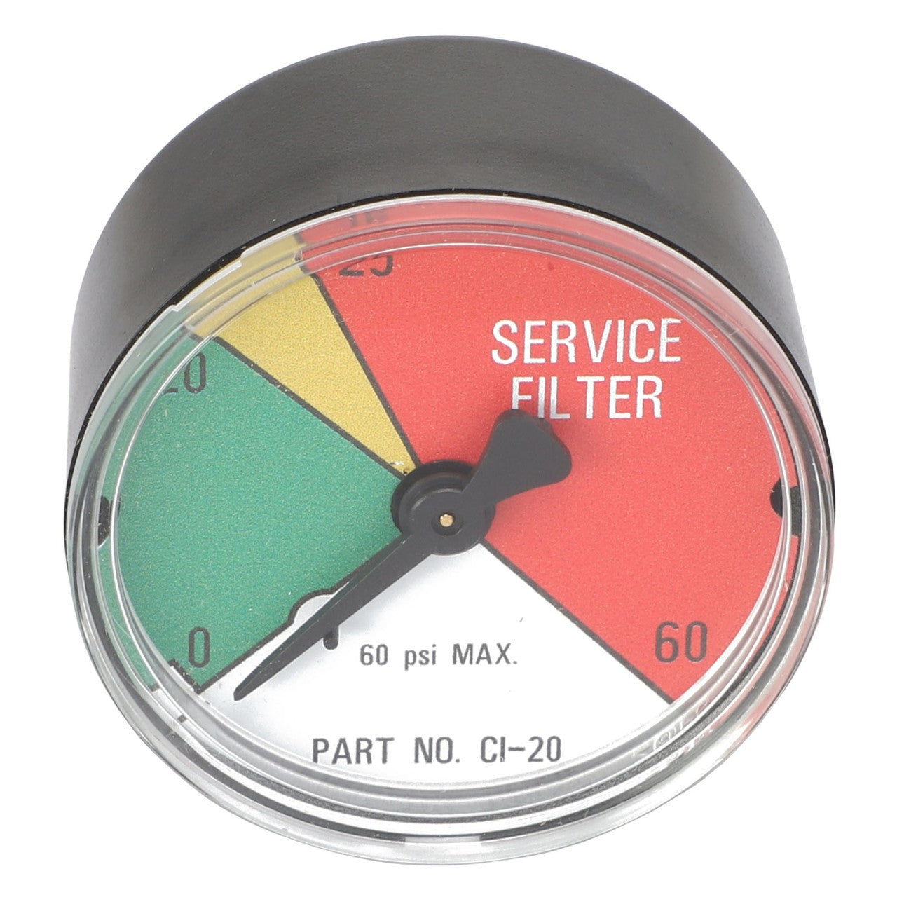 The AGCO Pressure Gauge (Part No. AG711141) is a round service filter pressure gauge with a needle that points to the red section labeled "SERVICE FILTER." The gauge, which features green, yellow, and red sections, reads up to 60 psi. Please note: No additional product description information is available beyond what's provided here.