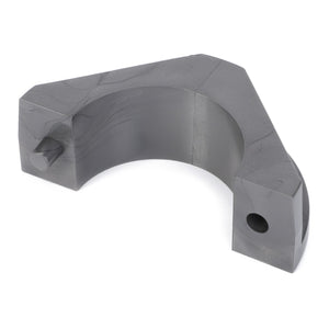 A curved gray metal bracket known as the AGCO Bearing Shell - 0313-57-00-00, featuring a cylindrical pin and a circular hole on one end, is compatible with Massey Ferguson models.