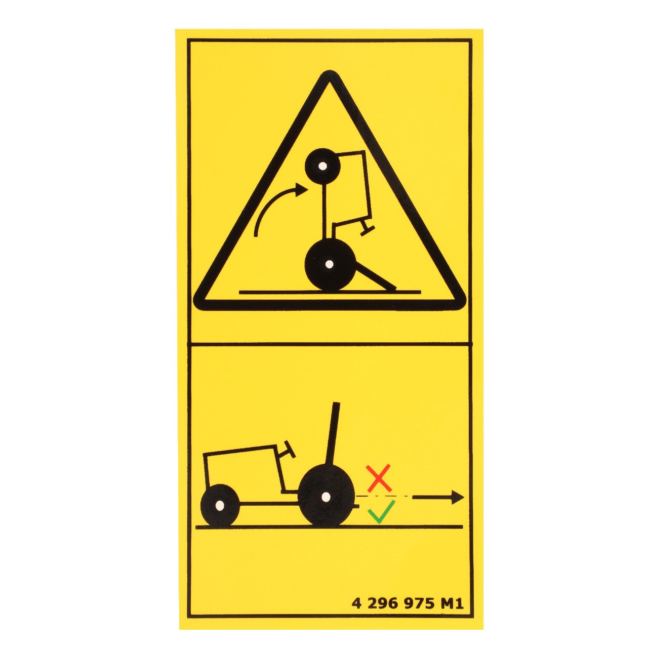 The AGCO Decal, Safety - 4296975M1 features a yellow warning sign illustrating a person falling off a tractor on a slope in the top section and safe versus unsafe tractor operation on horizontal ground in the bottom section. Designed for Massey Ferguson models, this agricultural machinery decal promotes safety with genuine AGCO Parts.