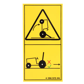 The AGCO Decal, Safety - 4296975M1 features a yellow warning sign illustrating a person falling off a tractor on a slope in the top section and safe versus unsafe tractor operation on horizontal ground in the bottom section. Designed for Massey Ferguson models, this agricultural machinery decal promotes safety with genuine AGCO Parts.