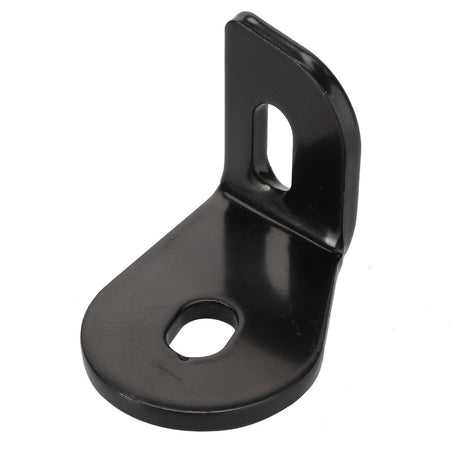 A black metal L-shaped bracket under the name "AGCO | Plate - Acp0513810" by AGCO, featuring two elongated holes—one on the vertical part and one on the horizontal part for mounting purposes. No current product description available.