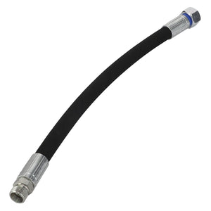 Product Description: The AGCO | Hydr. Hose - Acx2369700 by AGCO is a short, black flexible hose with metal connectors at both ends. One end features a male threaded connector, and the other end features a female threaded connector.