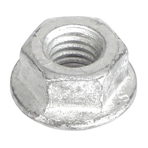 Introducing the AGCO Hex Flange Nut - Acw1023930: a polished silver, six-sided hex flange nut featuring precise internal threading and a sturdy flat base.