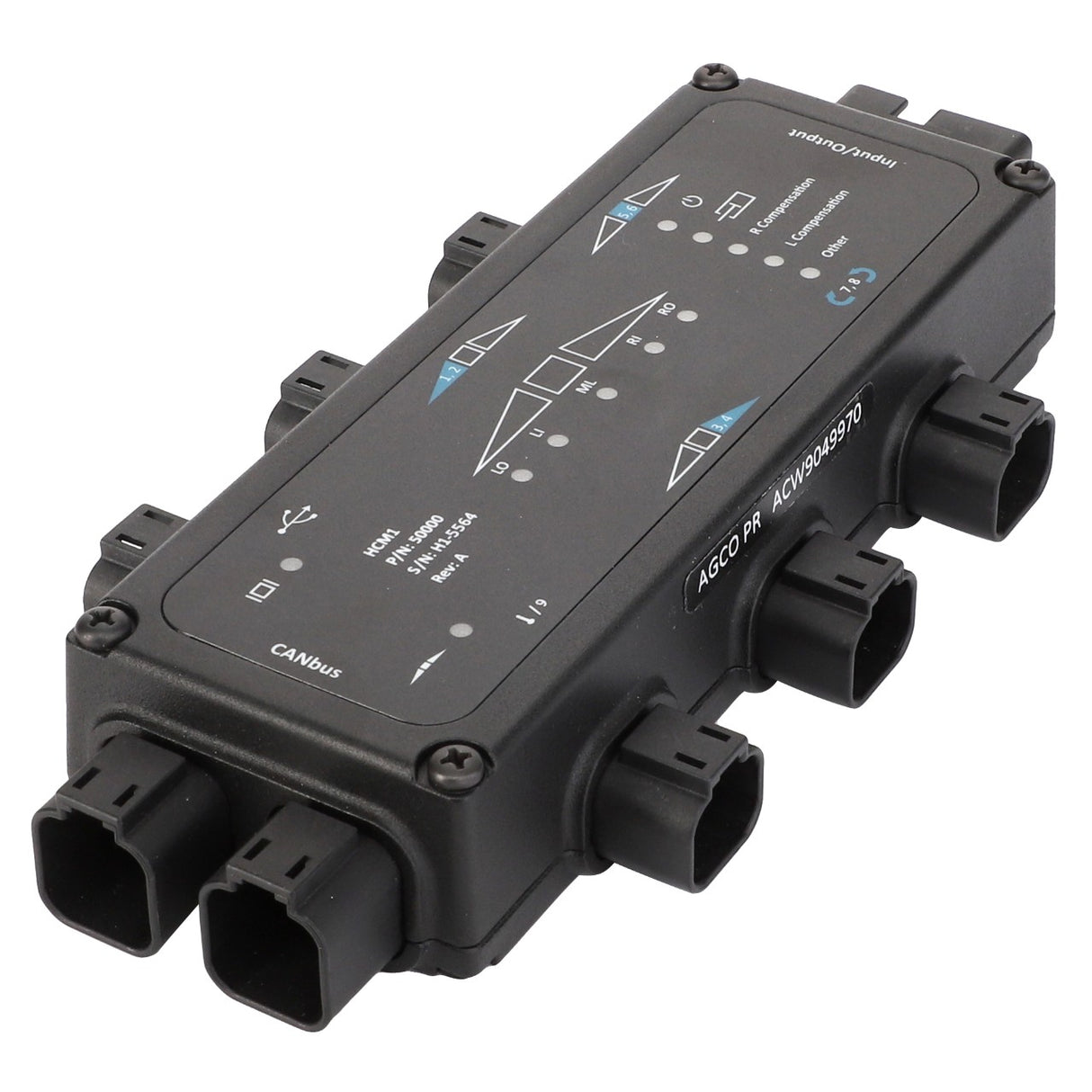 The AGCO | Module - Acw1481230 by AGCO is a black electronic device featuring multiple ports and labeled indicators, designed for network or communication connections. Currently, detailed product description information is not available.