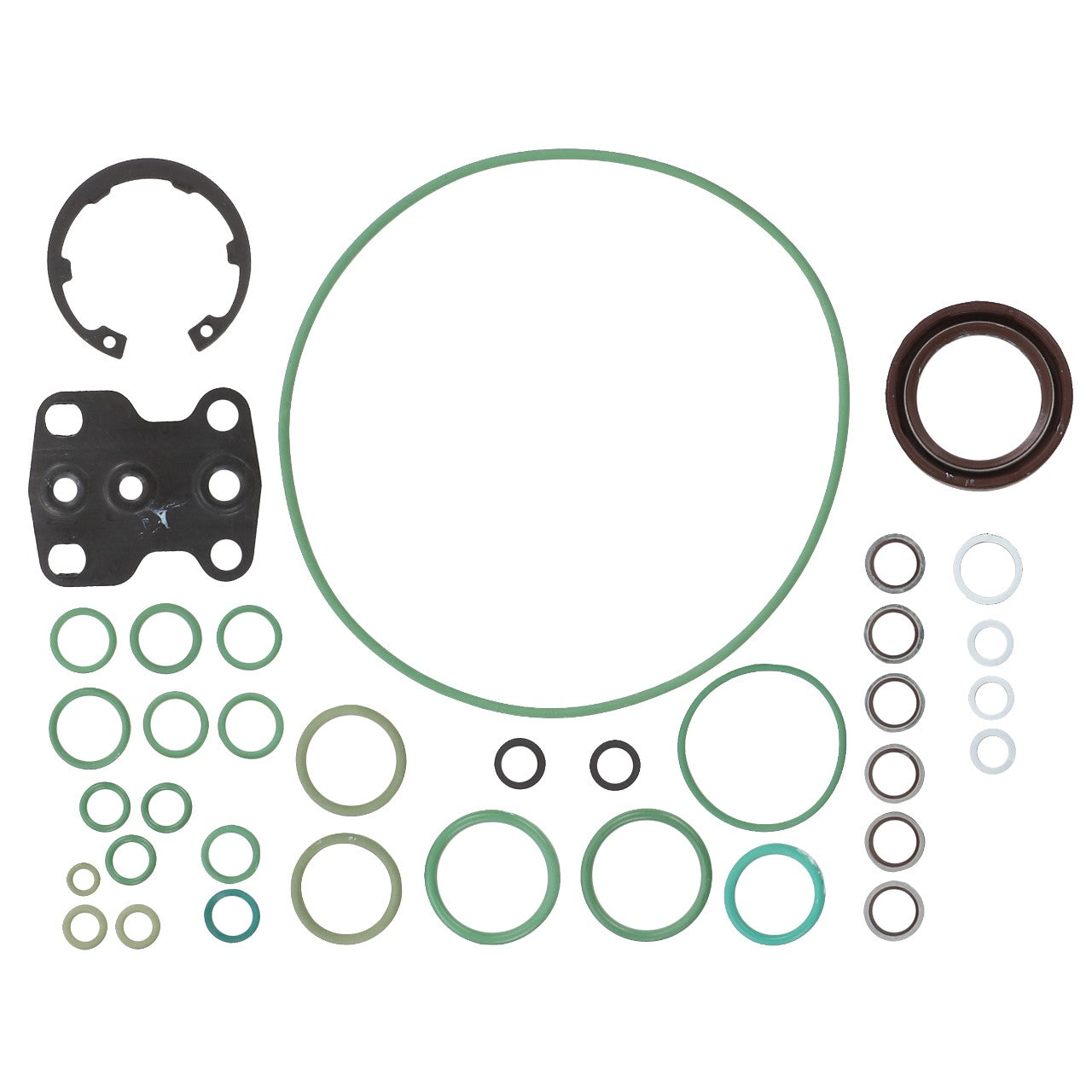 Here is the AGCO Seal Kit - F514940010010: a meticulously organized collection of variously sized green and black rubber gaskets, metal washers, and seals.