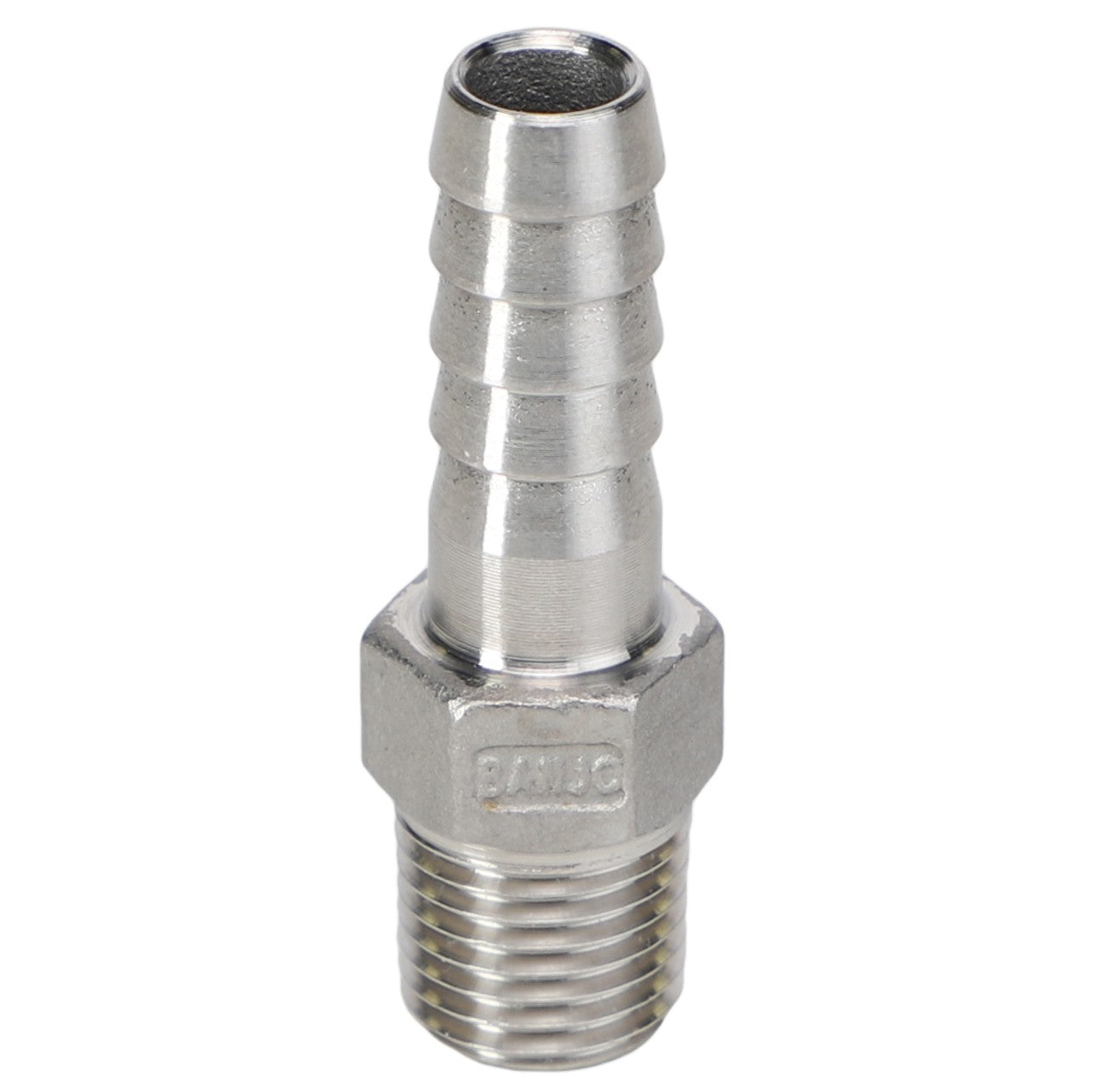 Introducing the AGCO HOSE BARB - AG053727. This metal hose barb fitting features a threaded end for easy connection, a ribbed section for secure hose attachment, and a hexagonal base for tightening. For any questions about this product, reach out to our support team.