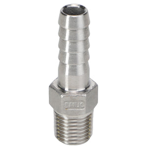 Introducing the AGCO HOSE BARB - AG053727. This metal hose barb fitting features a threaded end for easy connection, a ribbed section for secure hose attachment, and a hexagonal base for tightening. For any questions about this product, reach out to our support team.