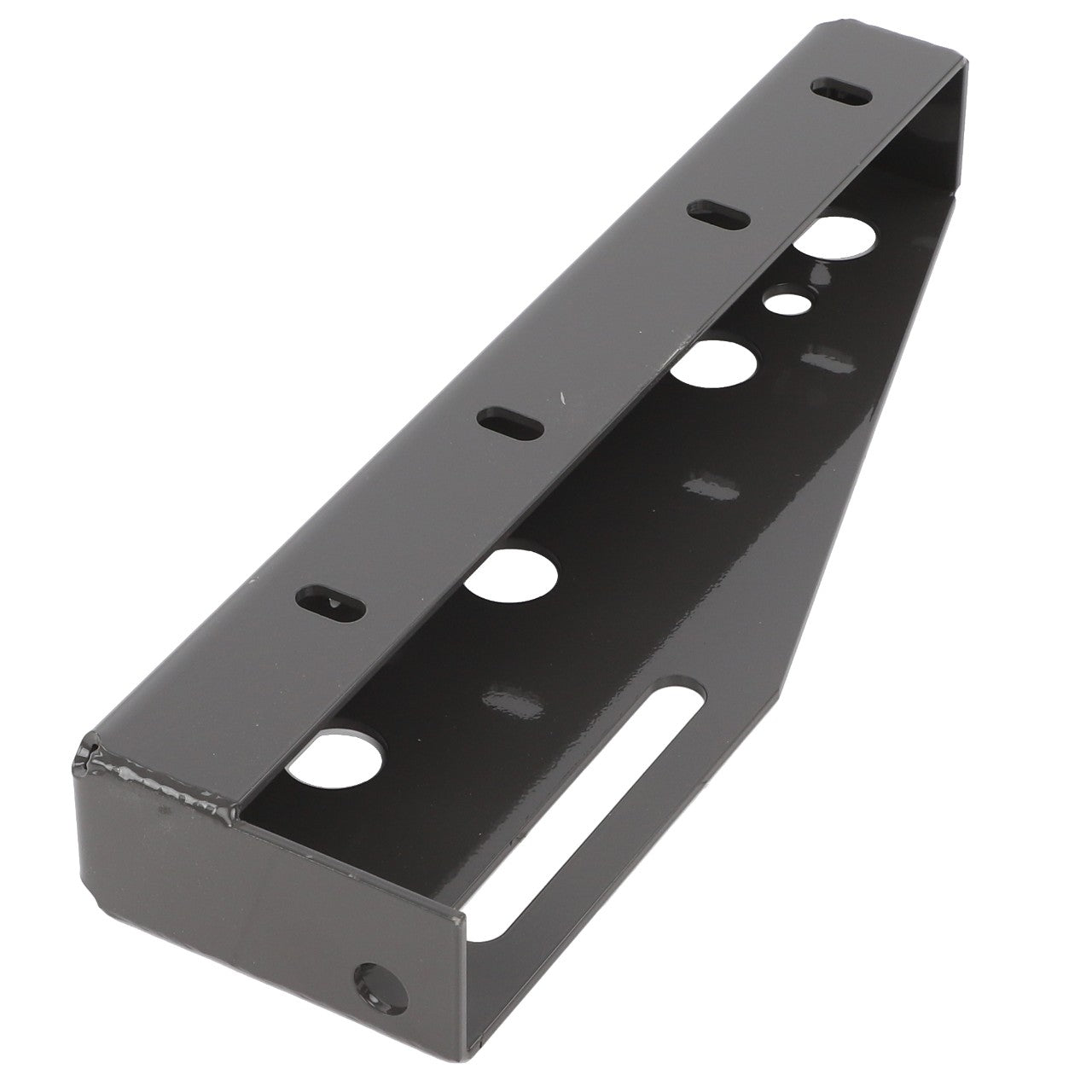 The AGCO | BRACKET - D28785572 is a black, metal, L-shaped bracket featuring multiple circular holes and a rectangular cutout. No additional product description information is currently available.