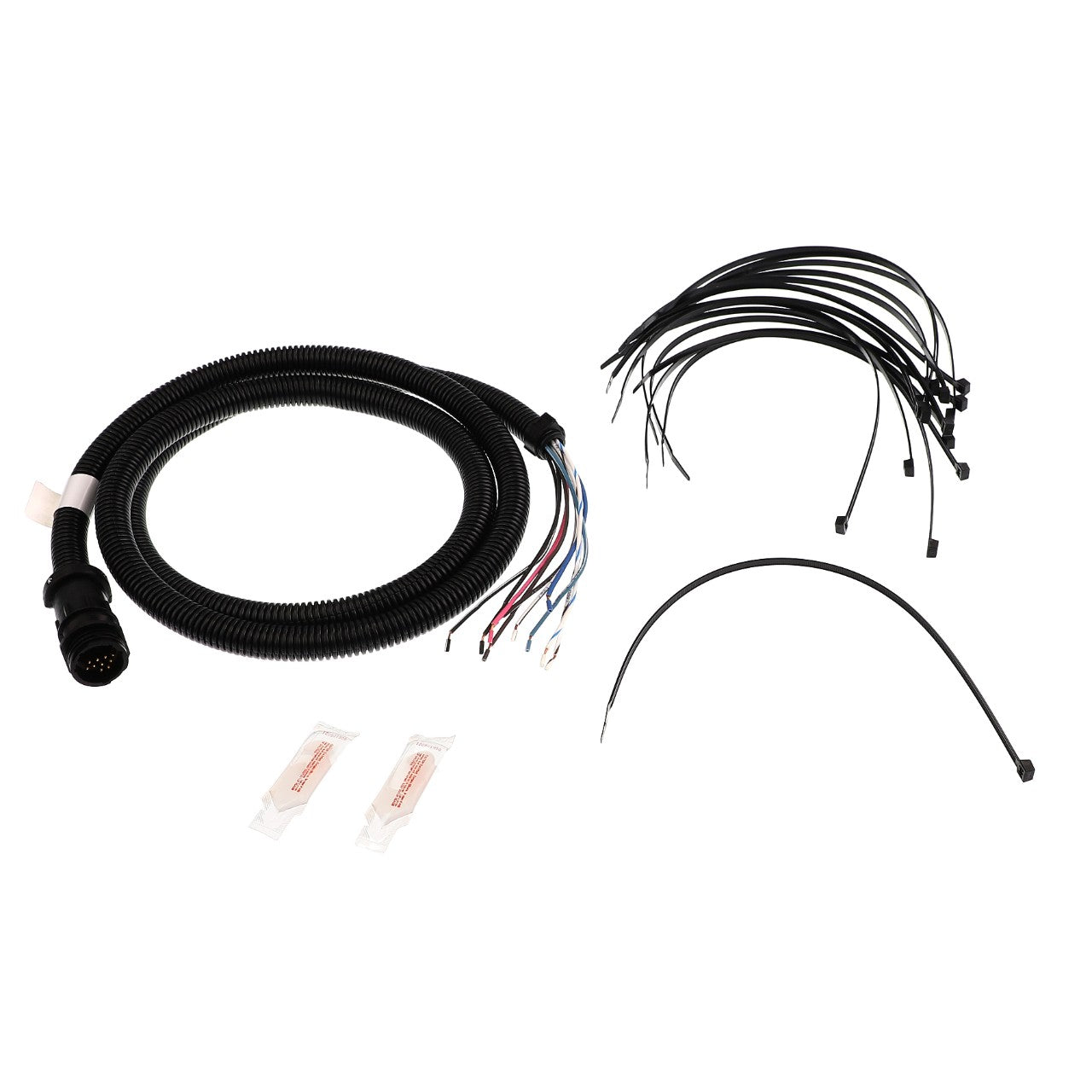 The AGCO | CABLE - AG133087 includes a coiled electrical wiring harness with multiple colored wires, twelve black cable ties, a curved black cable, and two clear packets of electrical connectors. Detailed product description information is currently unavailable for this item.