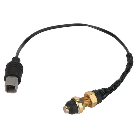 The AGCO Lift Switch - Acw0770860 features a black cable with a rectangular connector on one end and a brass-threaded sensor encased in rubber on the other end.