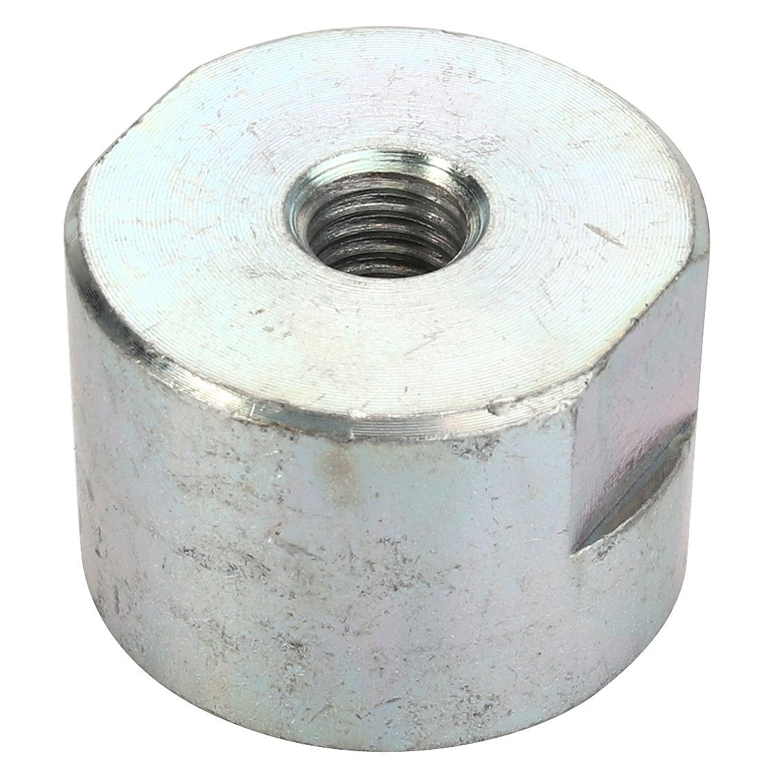 Currently, there is no detailed product description available for the AGCO Spacer - Acp0419550. However, this silver hexagonal nut, branded by AGCO, features an internal thread and is commonly used with a bolt. It has a slightly worn and brushed metallic surface.