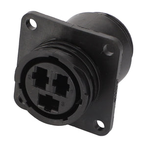 The AGCO | Connector - D45010011 is a black, rectangular industrial connector featuring three visible prongs and mounting holes at each corner, explicitly designed for robust applications.