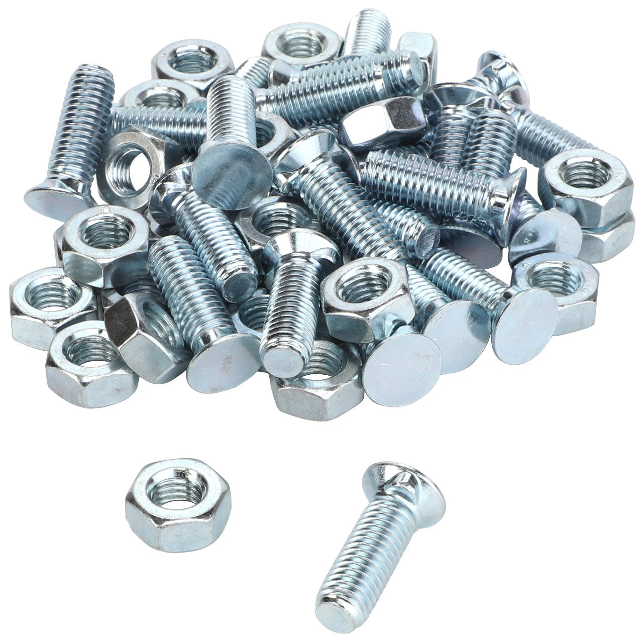 A collection of AGCO BOLT - KU901111 silver-colored metal bolts and nuts scattered on a white background, with one bolt and two nuts separated from the group. No current product description information is available.