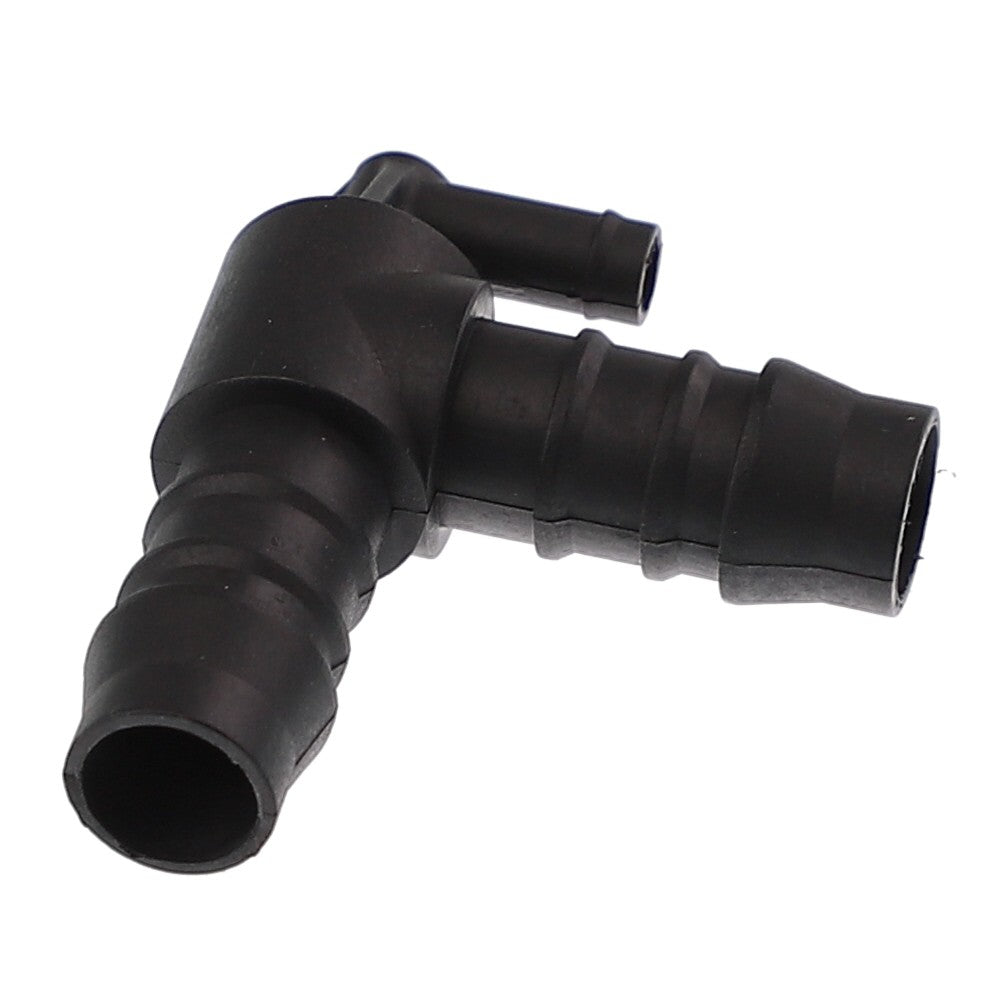 The AGCO | Union - Acw0154900 by AGCO is a durable black plastic hose connector with a T-shaped design, featuring three barbed ends for secure and efficient connections.