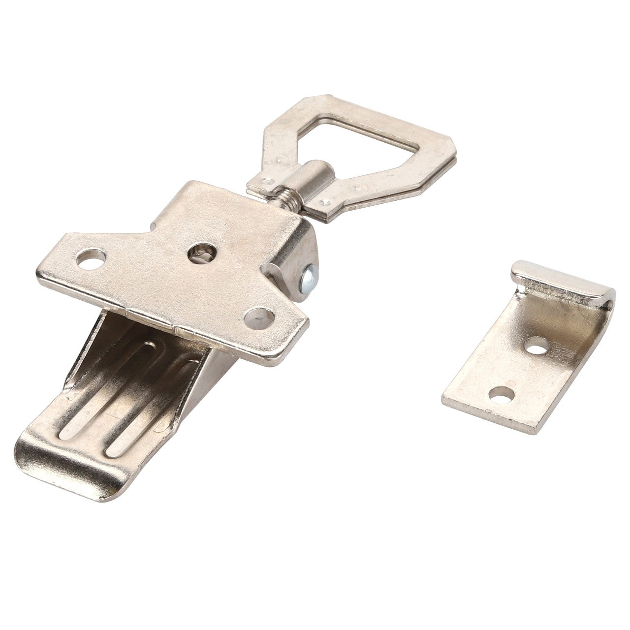 The AGCO | Clamp - Acw1095400 by AGCO is a sleek metallic toggle latch featuring a robust clamp and an accompanying mounting bracket for secure installation.