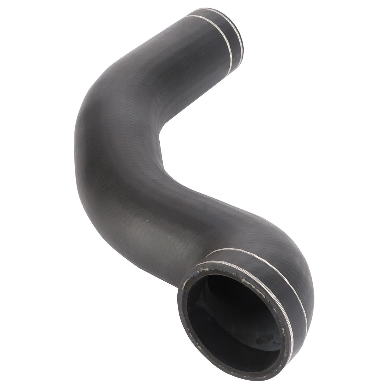 The AGCO | Hose - Acw3544300 by AGCO is a durable black rubber hose featuring a curved design with a smooth texture and reinforced ends, perfect for various applications.