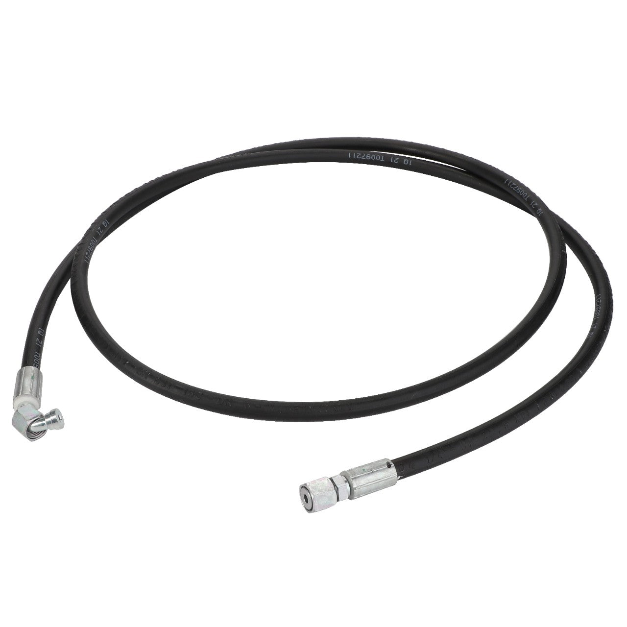 The AGCO hydraulic hose, model Acw2171020, is a black, flexible hose featuring metallic connectors on both ends and coiled in a circular shape. No current product description information is available beyond this.