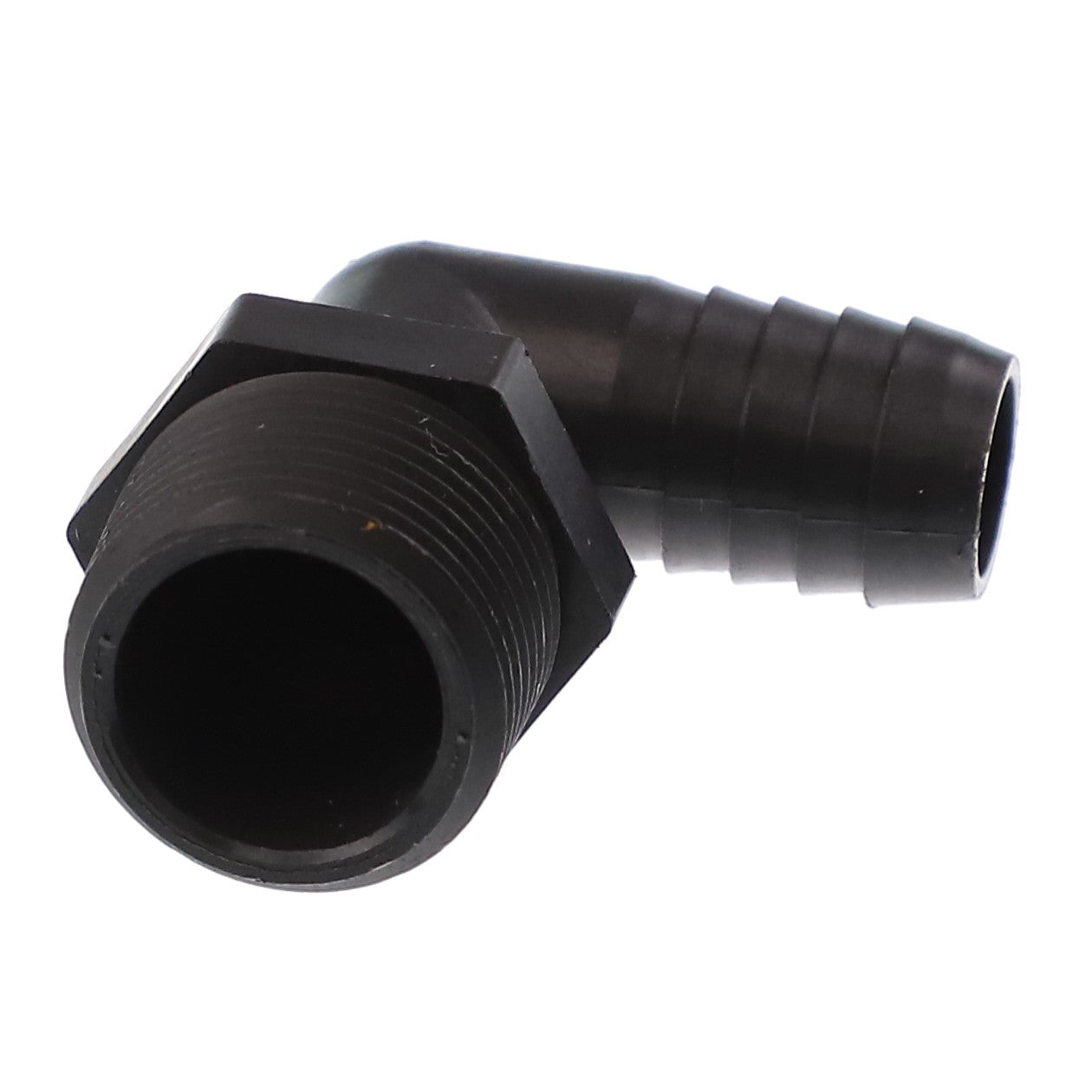 The AGCO FITTING - AG518413, a plastic hose barb elbow fitting with a threaded male end and barbed connector, is expertly designed for seamlessly joining hose sections at a precise 90-degree angle.