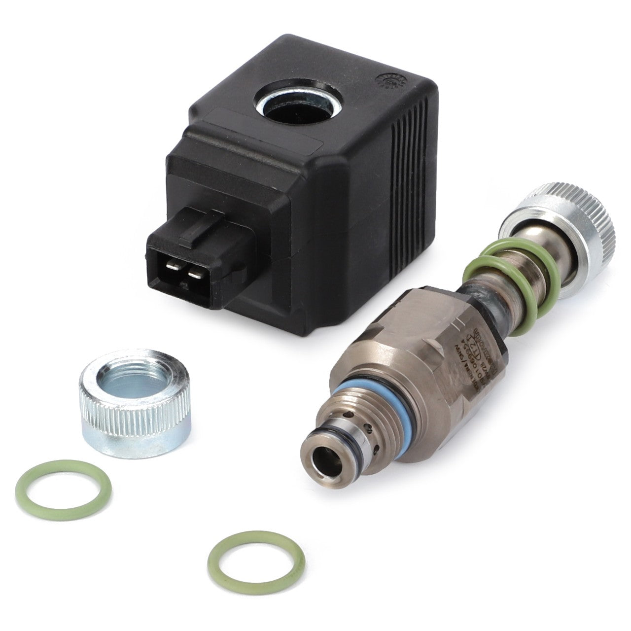 The AGCO Parts Kit - F931962030040, by AGCO, is an electronic component that features a black plastic housing, a metal cylindrical part, two green O-rings, and two metallic rings. It is likely used in hydraulic or pneumatic systems similar to those found in Massey Ferguson Models.