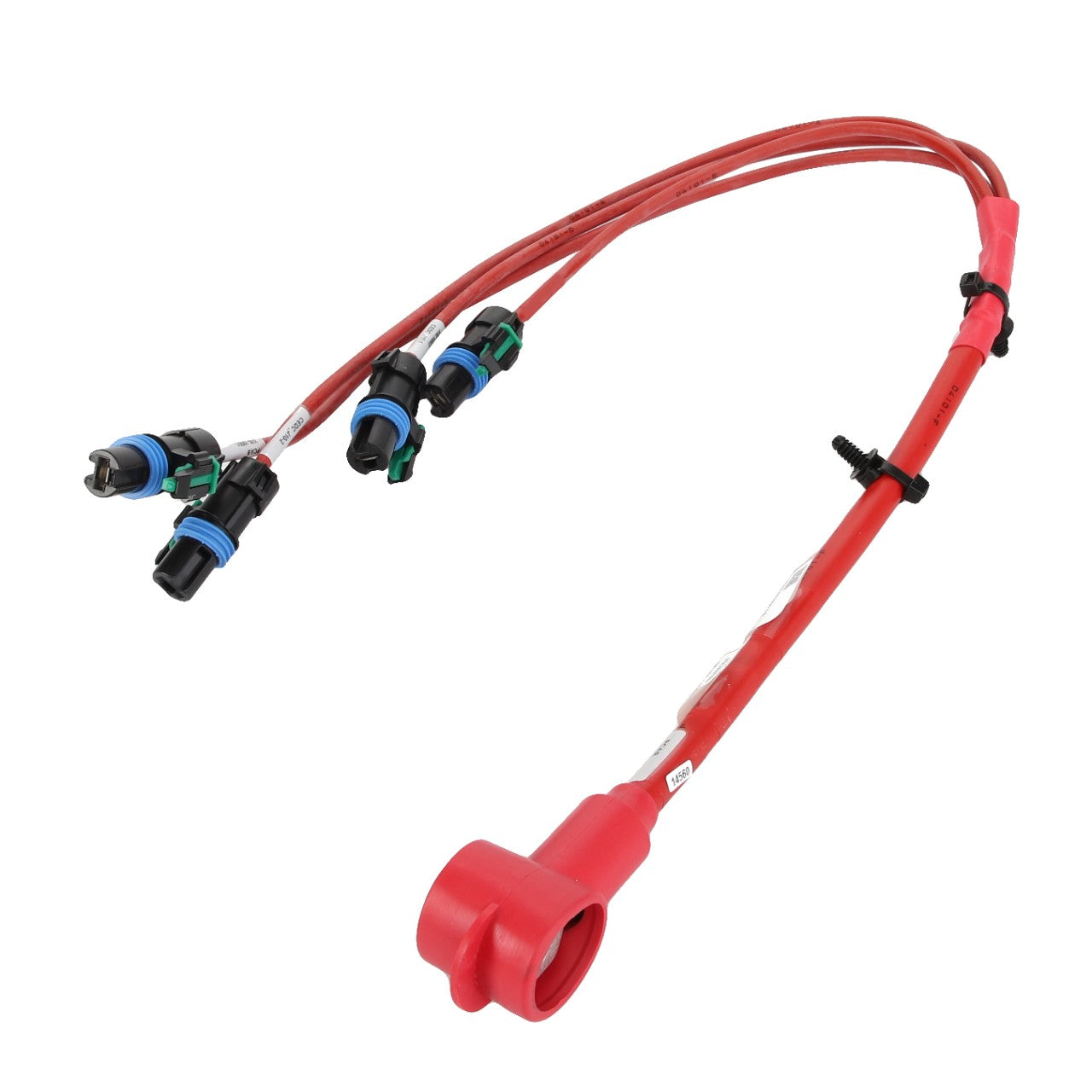 Product Description: The AGCO Cab Harness - Acw9097850 is a red electrical wiring harness with multiple connectors at one end and a large terminal at the other end.