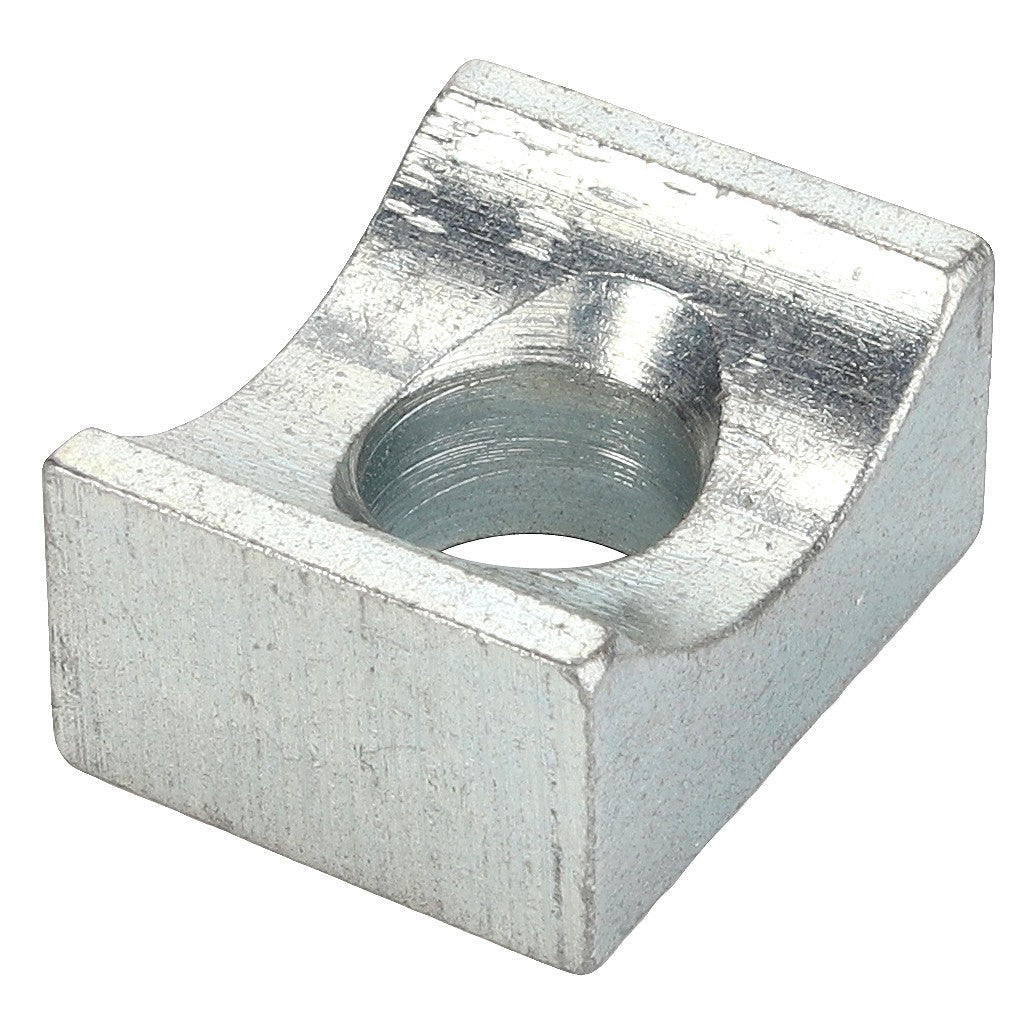 Close-up image of an AGCO CLAMP - D46150560 featuring a metal construction with a square base and a central hole, designed for securing or fastening objects. No current product description information is available.